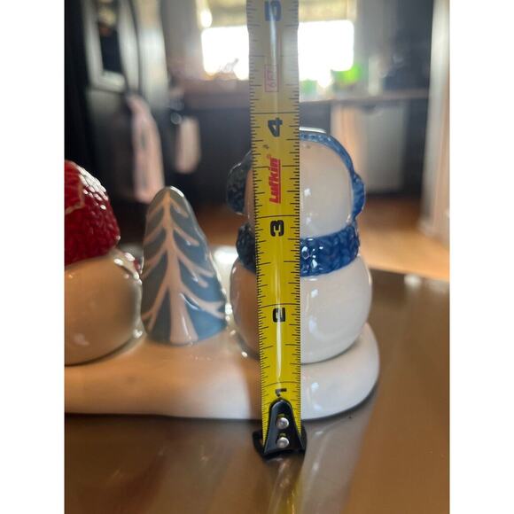 St Nicholas Square Let It Snow Snowman Salt & Pepper Shakers With Stand GUC 3 PC - Picture 9 of 9